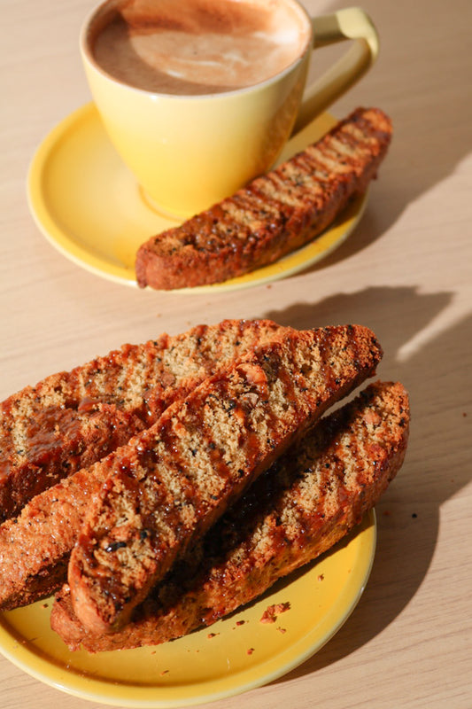 Hazelnut Coffee Biscotti with Dulce De Leche Glaze